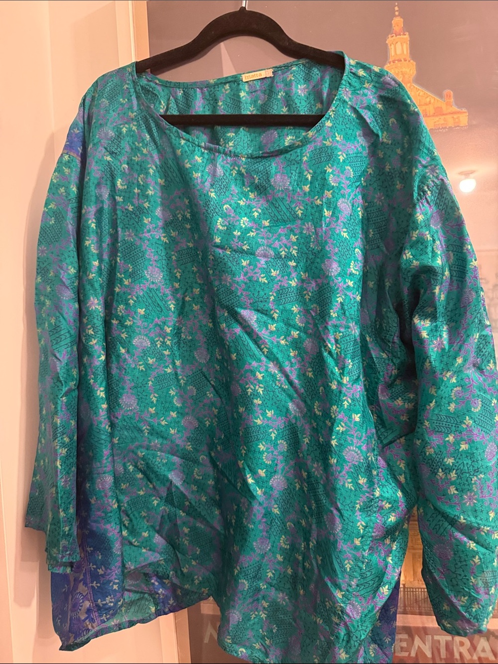 Matta L  SILK Teal Green Floral Print Blouse